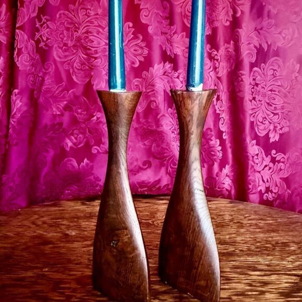 Signed English Oak Candlesticks • 1974 Hand-Carved Vermont Studio Pair